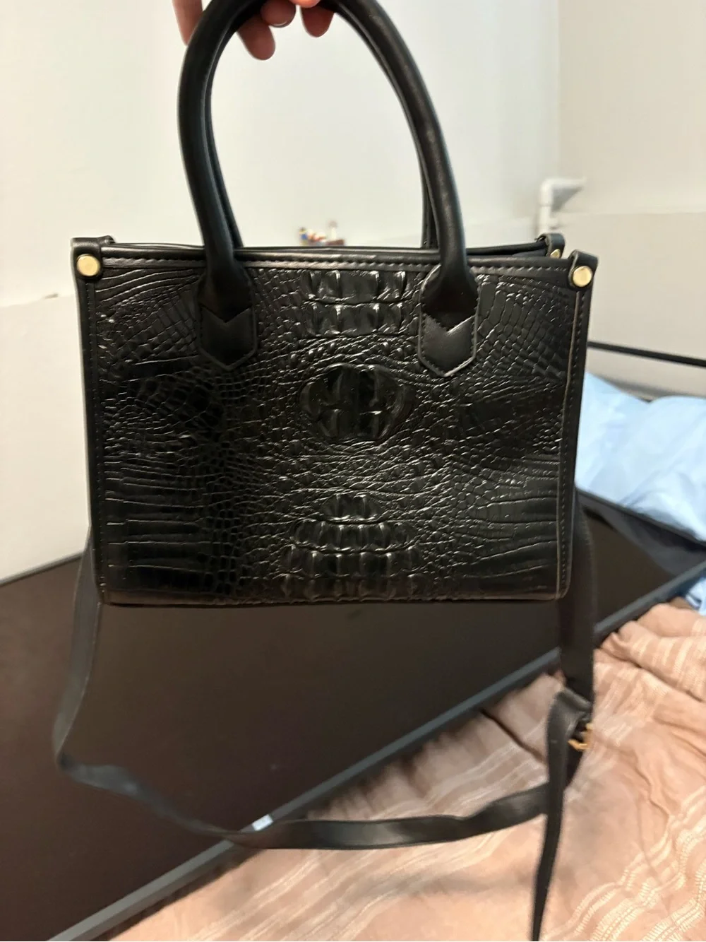 Black Croc-Embossed Structured Satchel Handbag - Brand Unspecified